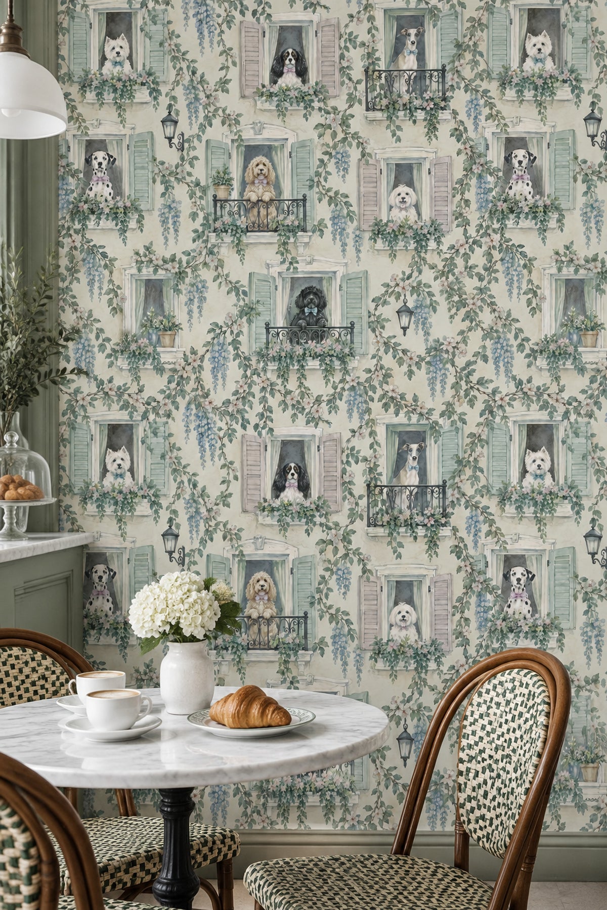 Pencereli Köpekli Duvar Kağıdı Pastel Yeşil Vintage Desen