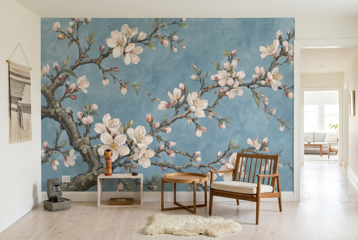 Sakura Çiçekli Poster Duvar Kağıdı Mavi Fon Salon