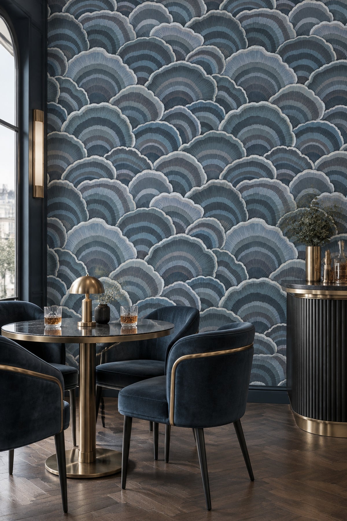 Yelpaze Desenli Duvar Kağıdı Mavi Gri Art Deco