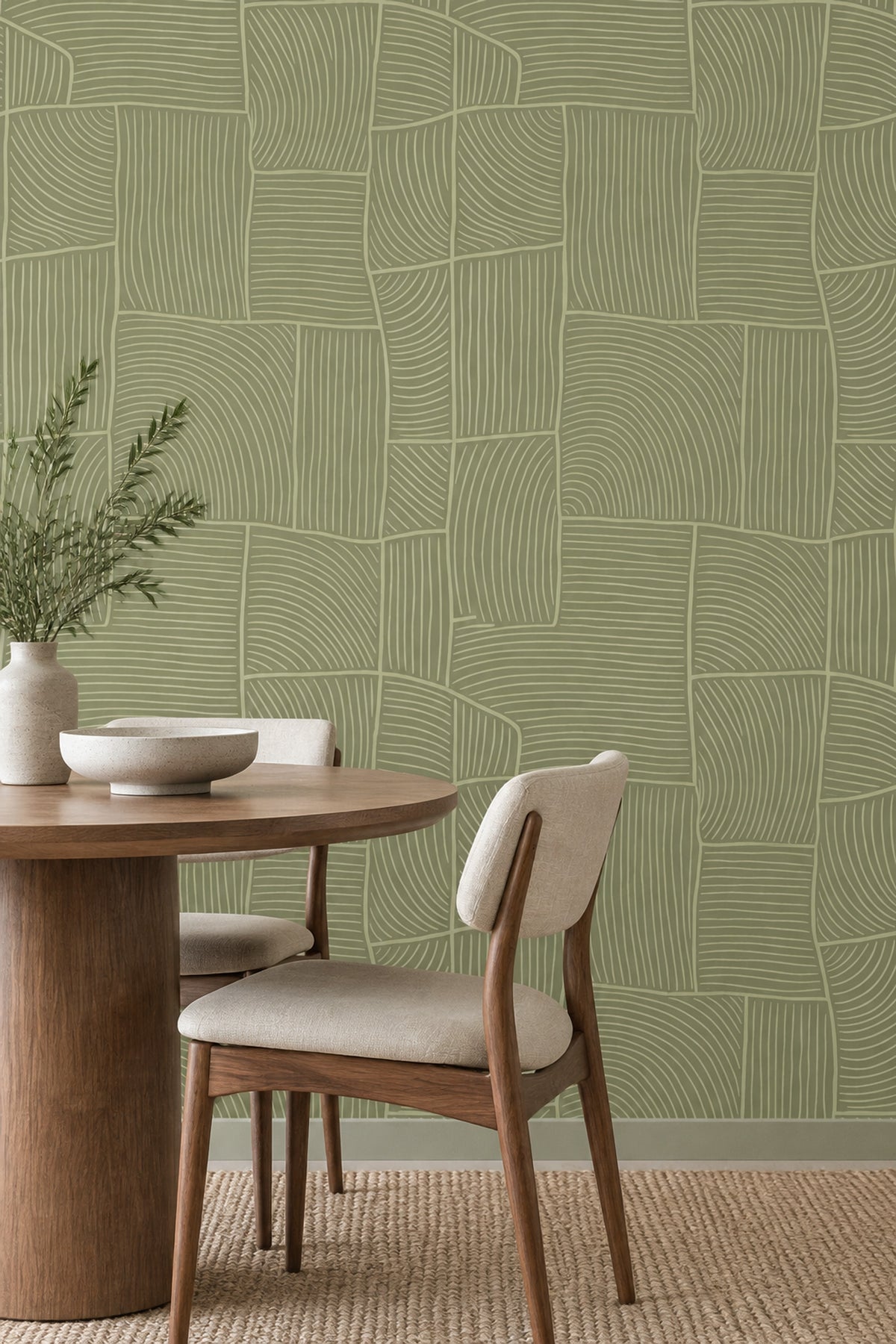 Geometrik Çizgili Duvar Kağıdı Zeytin Yeşili Modern Salon