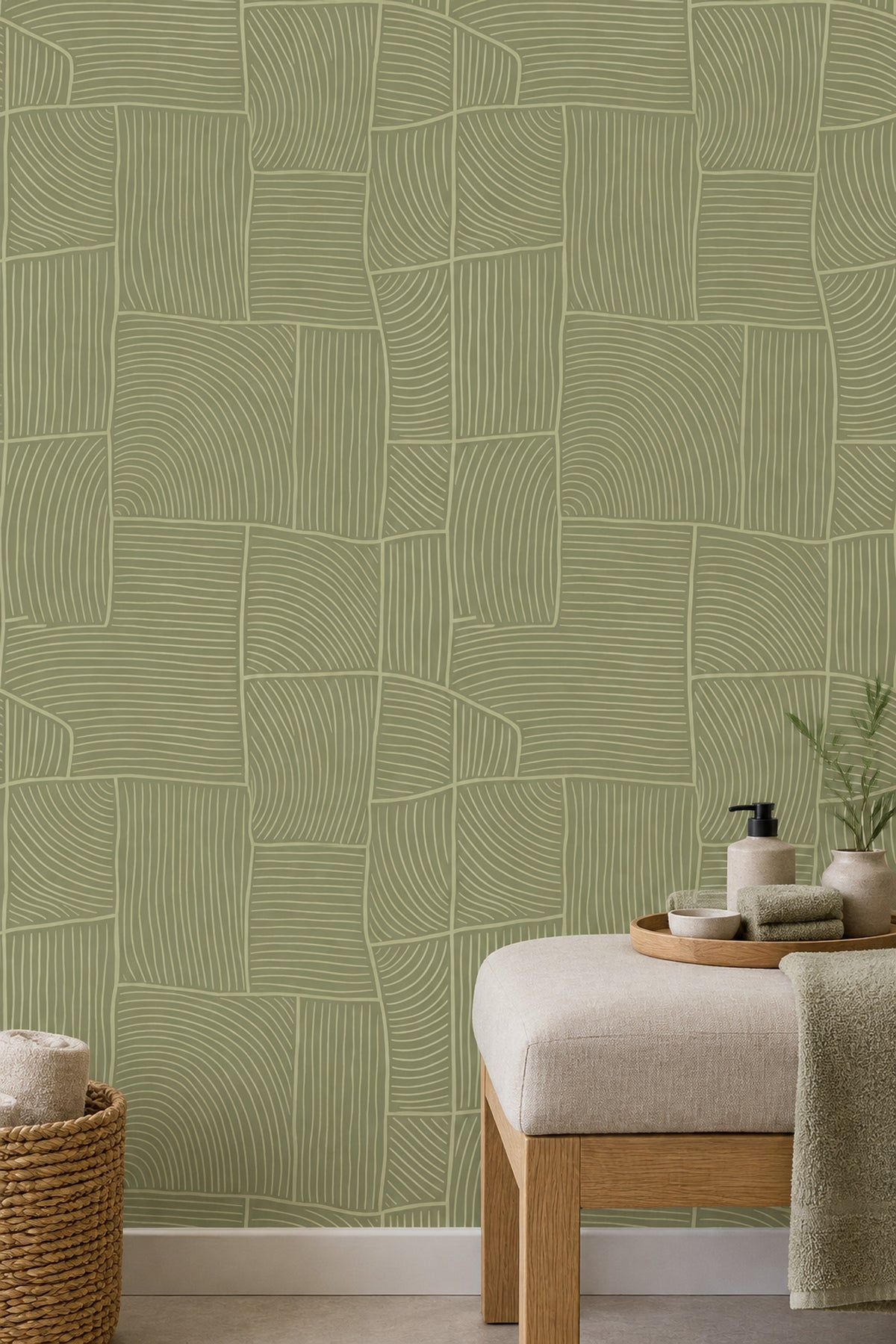 Geometrik Çizgili Duvar Kağıdı Zeytin Yeşili Modern Salon