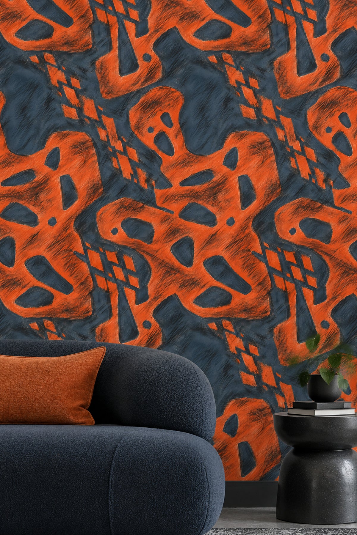 Soyut Geometrik Duvar Kağıdı Turuncu Lacivert Modern Desen