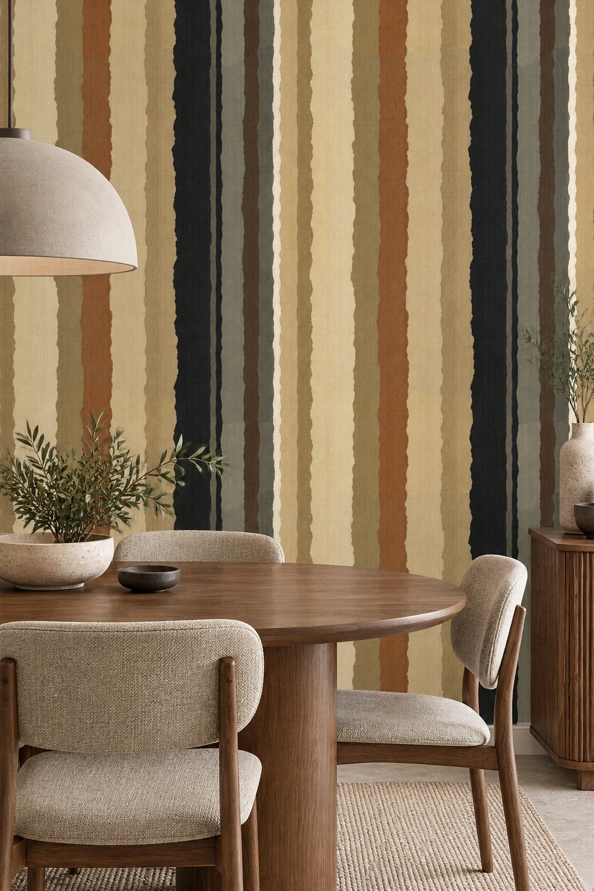 Dikey Çizgili Duvar Kağıdı Bej Kahverengi Modern Salon