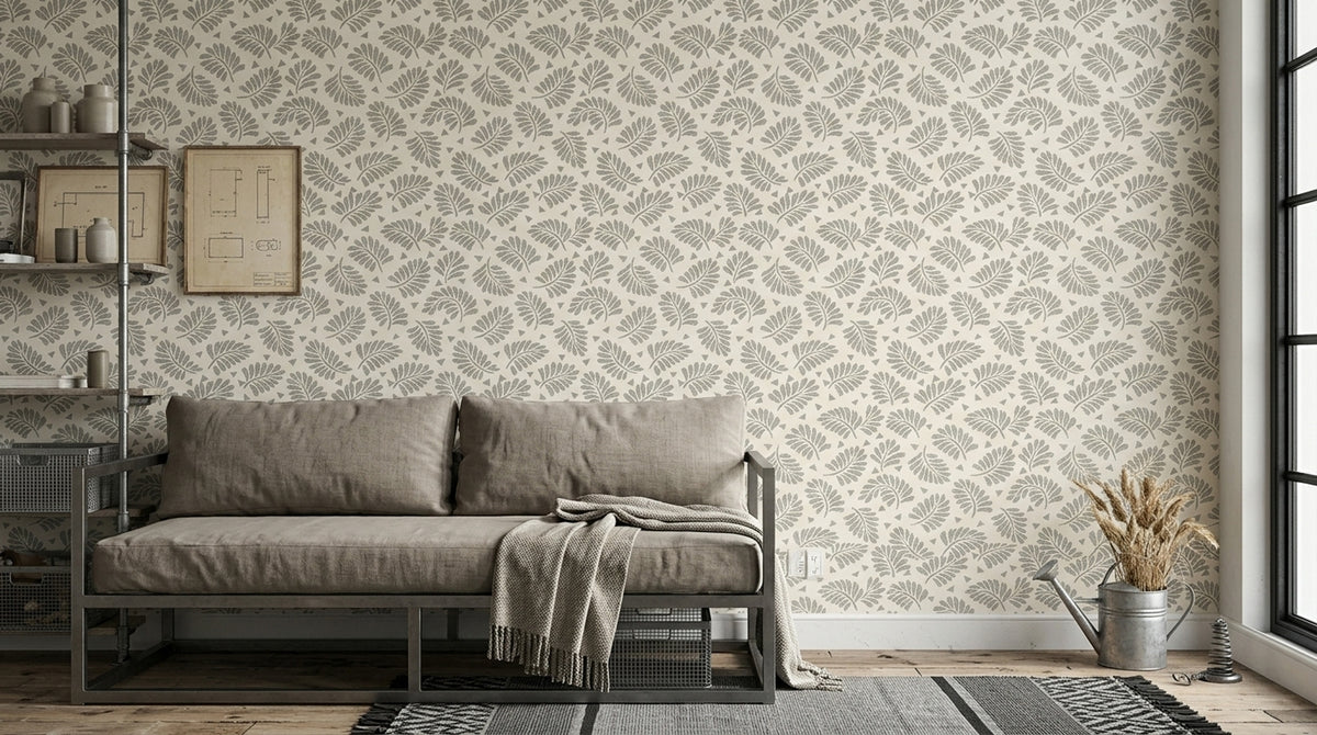 Gri Tropikal Yaprak Desenli Duvar Kağıdı Salon Dekoru