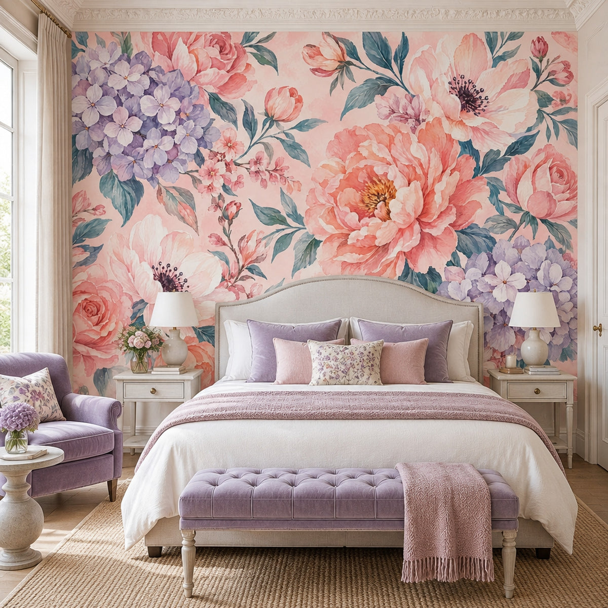 Pastel Çiçekli Poster Duvar Kağıdı Pembe Mor Bebek Odası