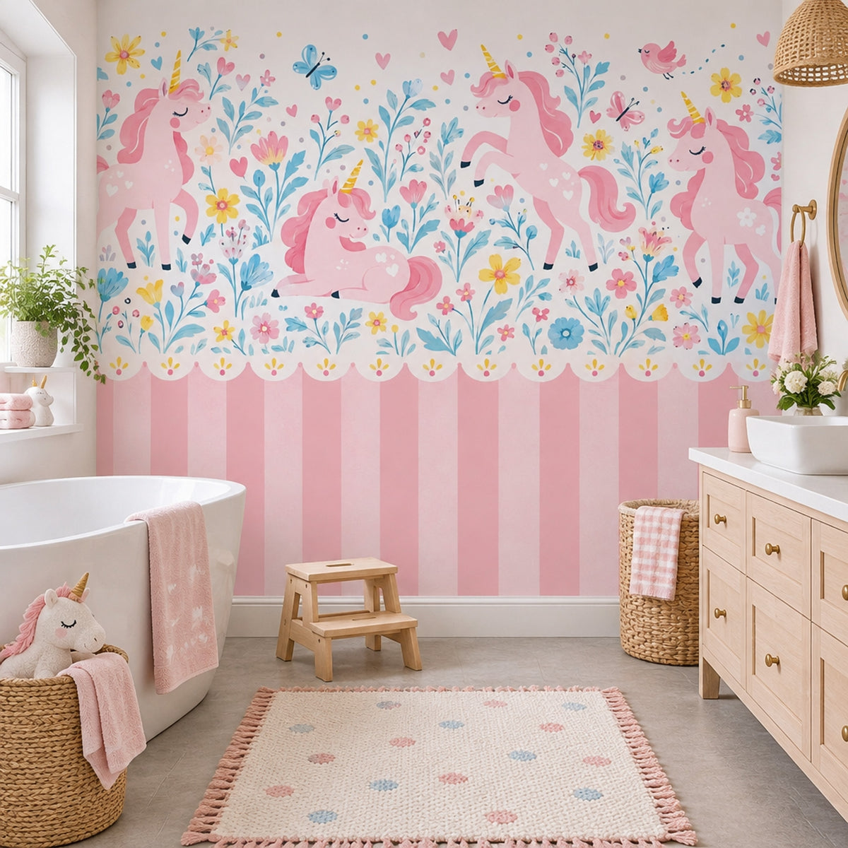 Unicornlu Çocuk Odası Poster Duvar Kağıdı Pembe Mavi Çiçekli