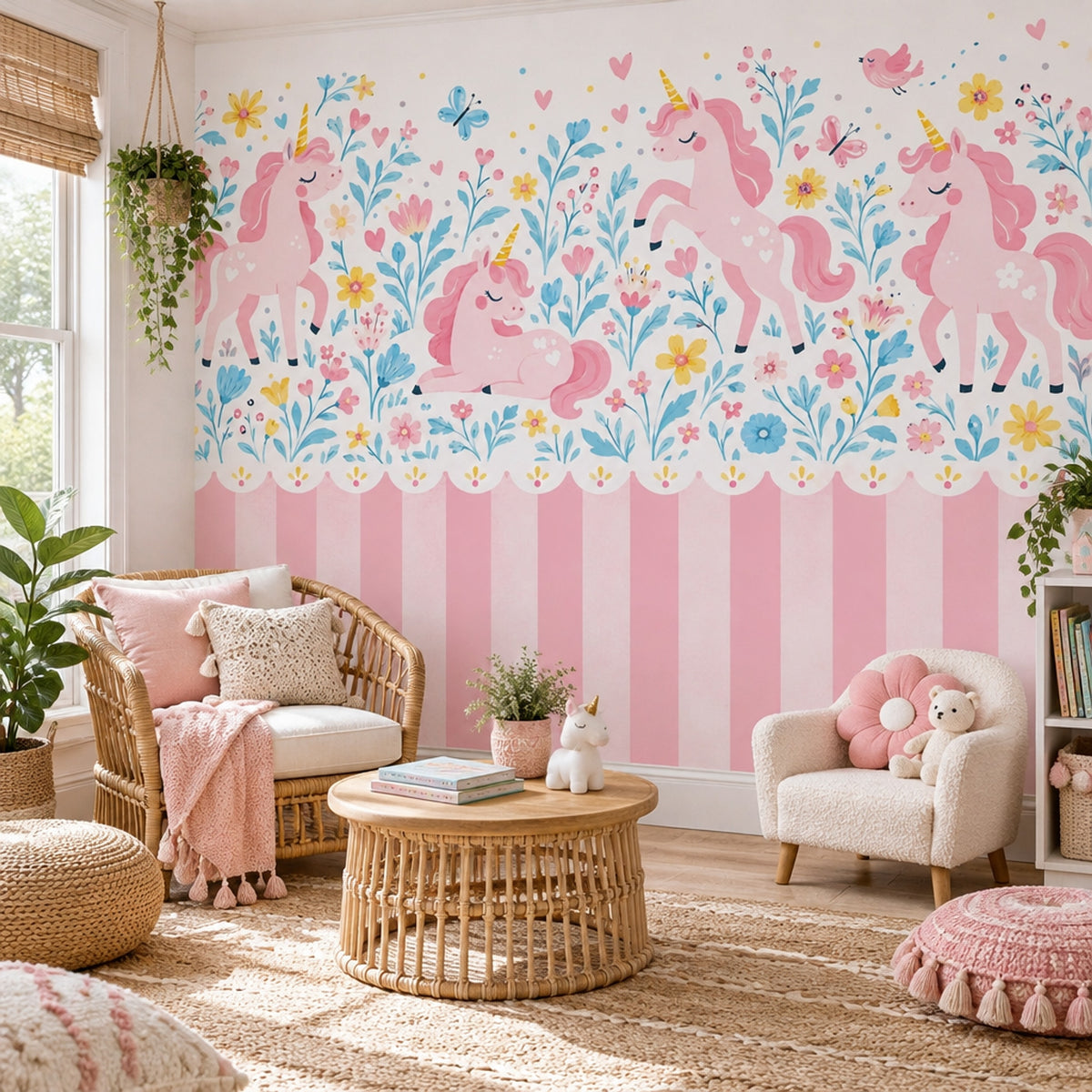 Unicornlu Çocuk Odası Poster Duvar Kağıdı Pembe Mavi Çiçekli