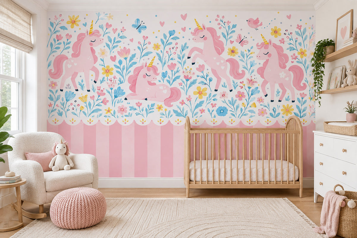 Unicornlu Çocuk Odası Poster Duvar Kağıdı Pembe Mavi Çiçekli