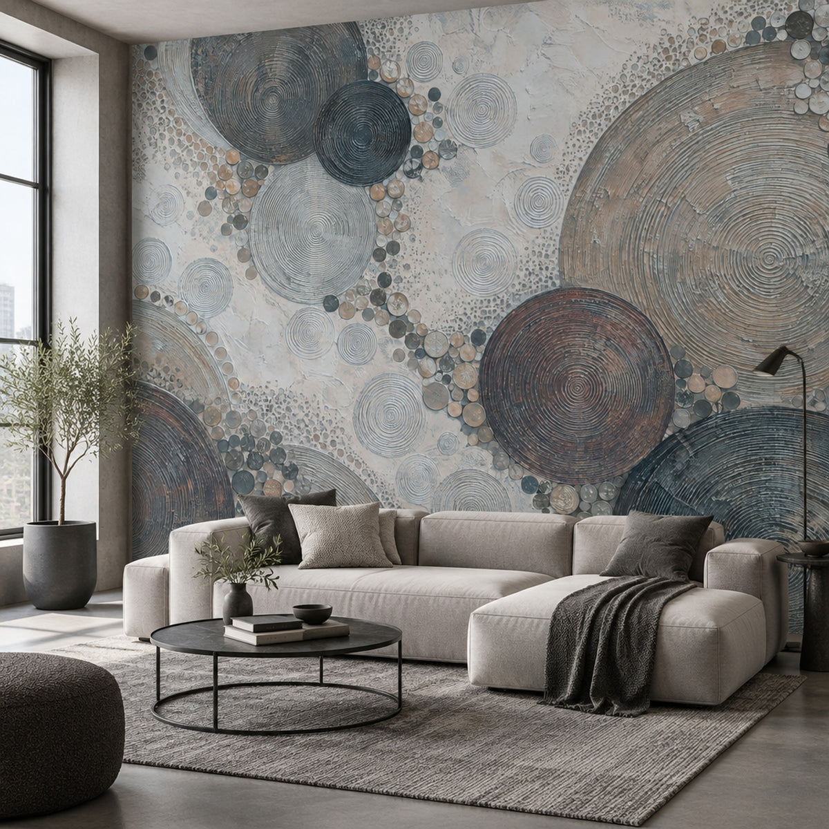 Soyut Daire Desenli Poster Duvar Kağıdı Gri Bej Salon