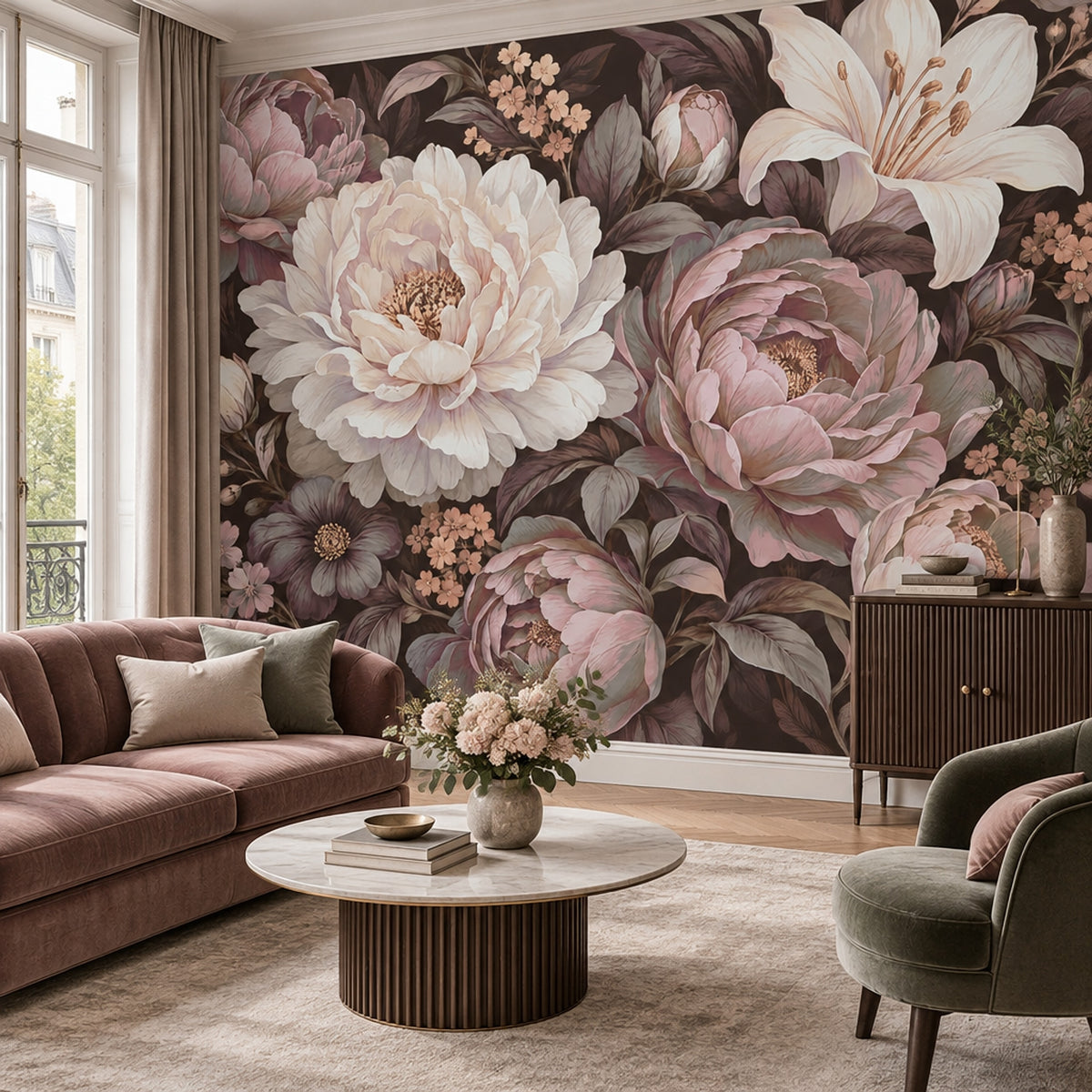 Büyük Çiçek Desenli Poster Duvar Kağıdı Pudra Pembe Salon