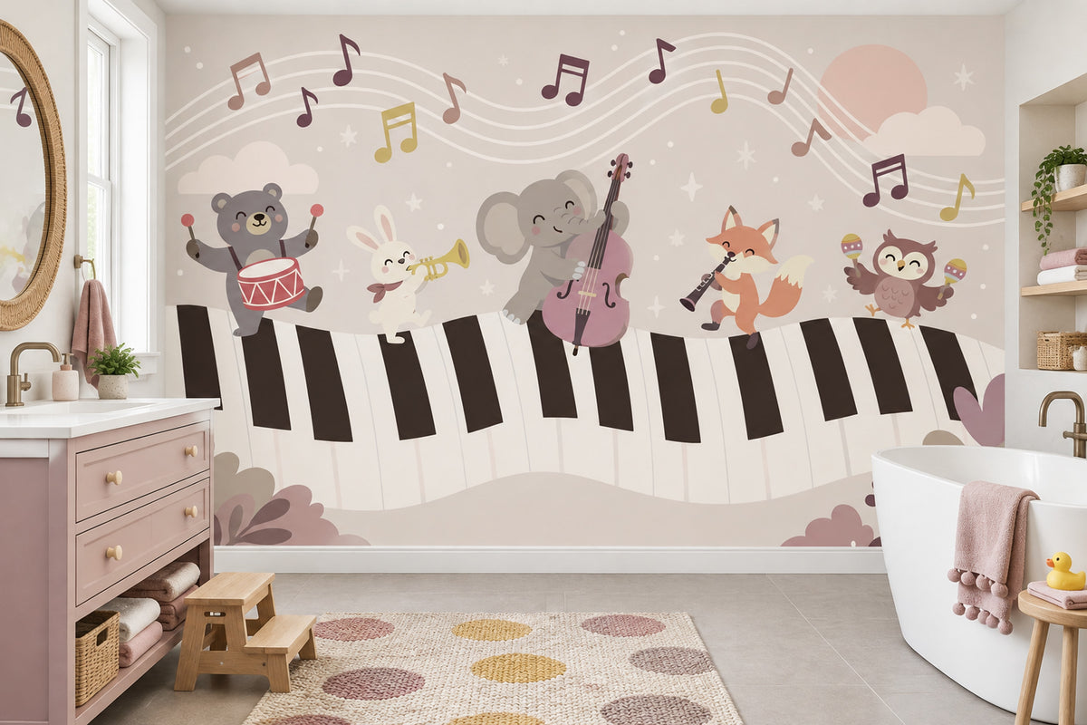 Müzik Temalı Hayvanlı Poster Duvar Kağıdı Çocuk Odası Bej