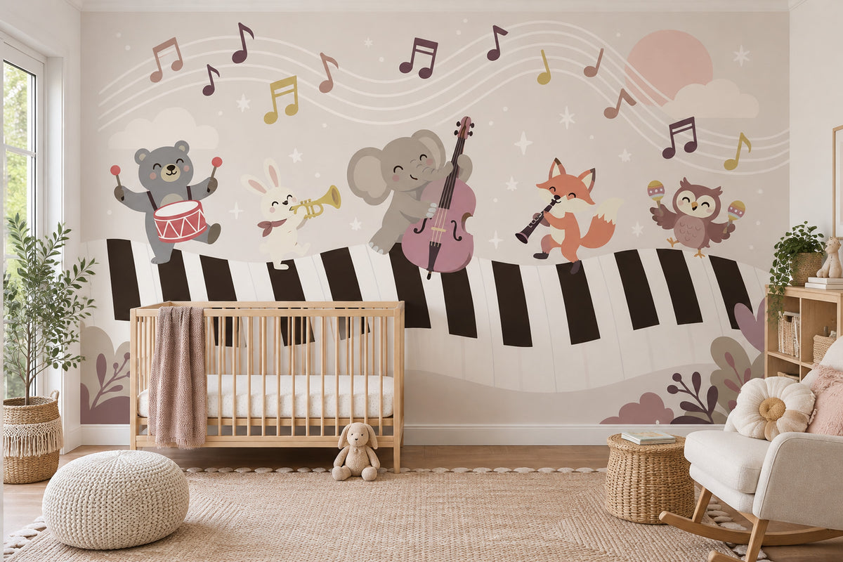 Müzik Temalı Hayvanlı Poster Duvar Kağıdı Çocuk Odası Bej