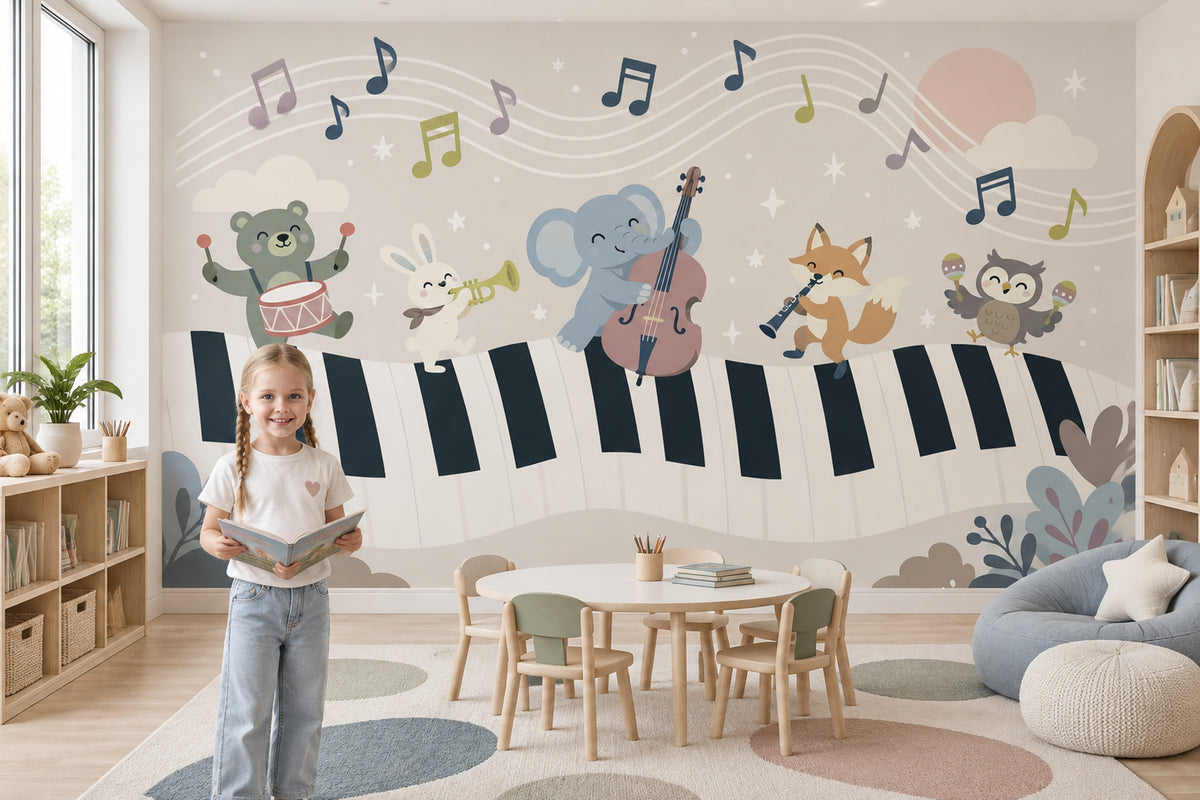 Müzik Temalı Hayvanlı Poster Duvar Kağıdı Çocuk Odası Desenli