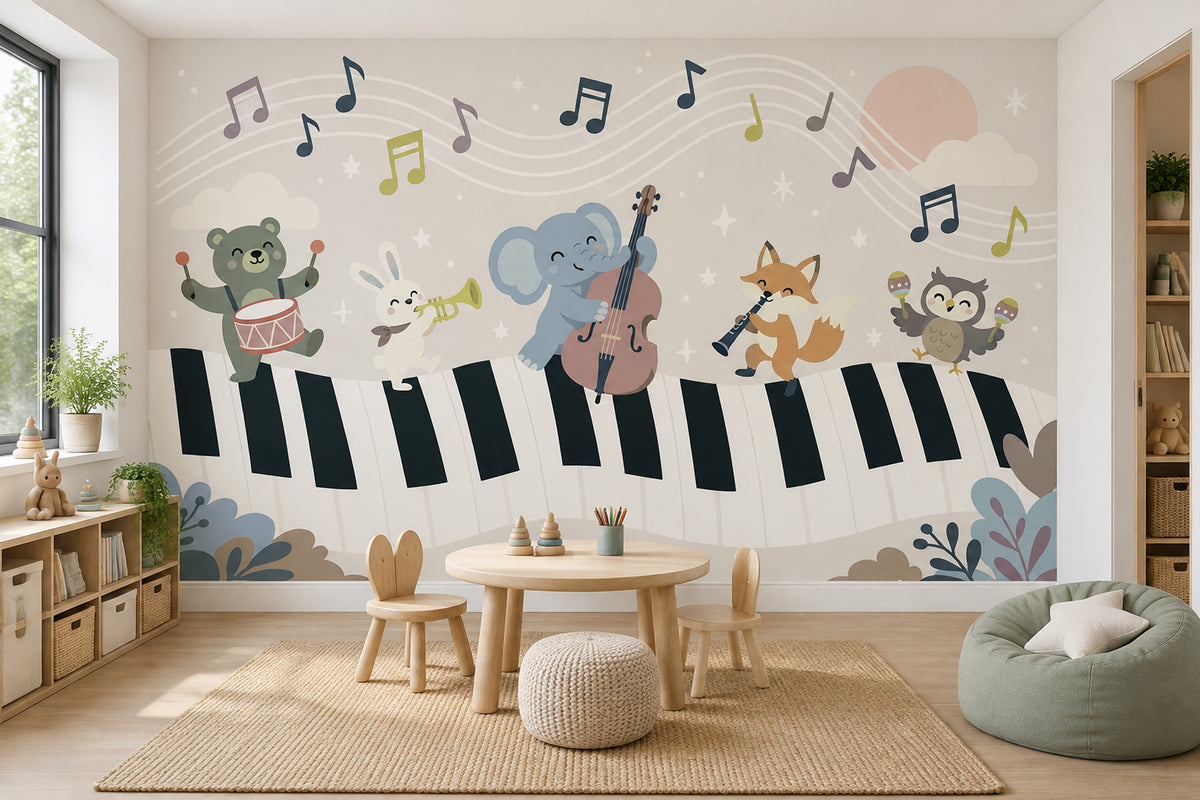 Müzik Temalı Hayvanlı Poster Duvar Kağıdı Çocuk Odası Desenli
