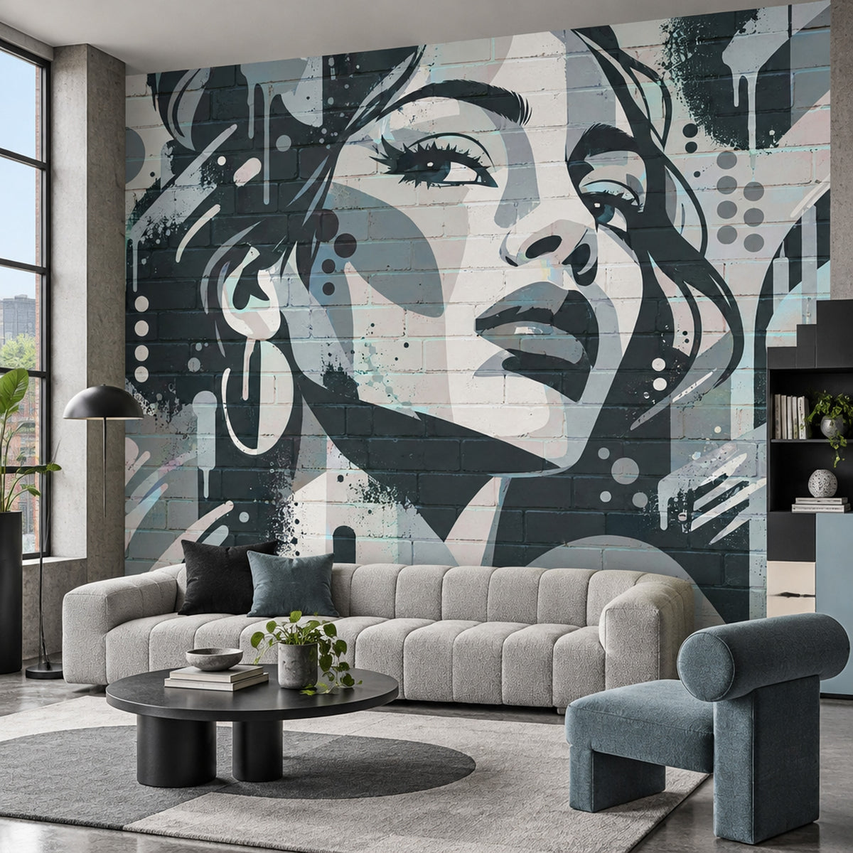 Graffiti Kadın Portre Poster Duvar Kağıdı Gri Modern Salon