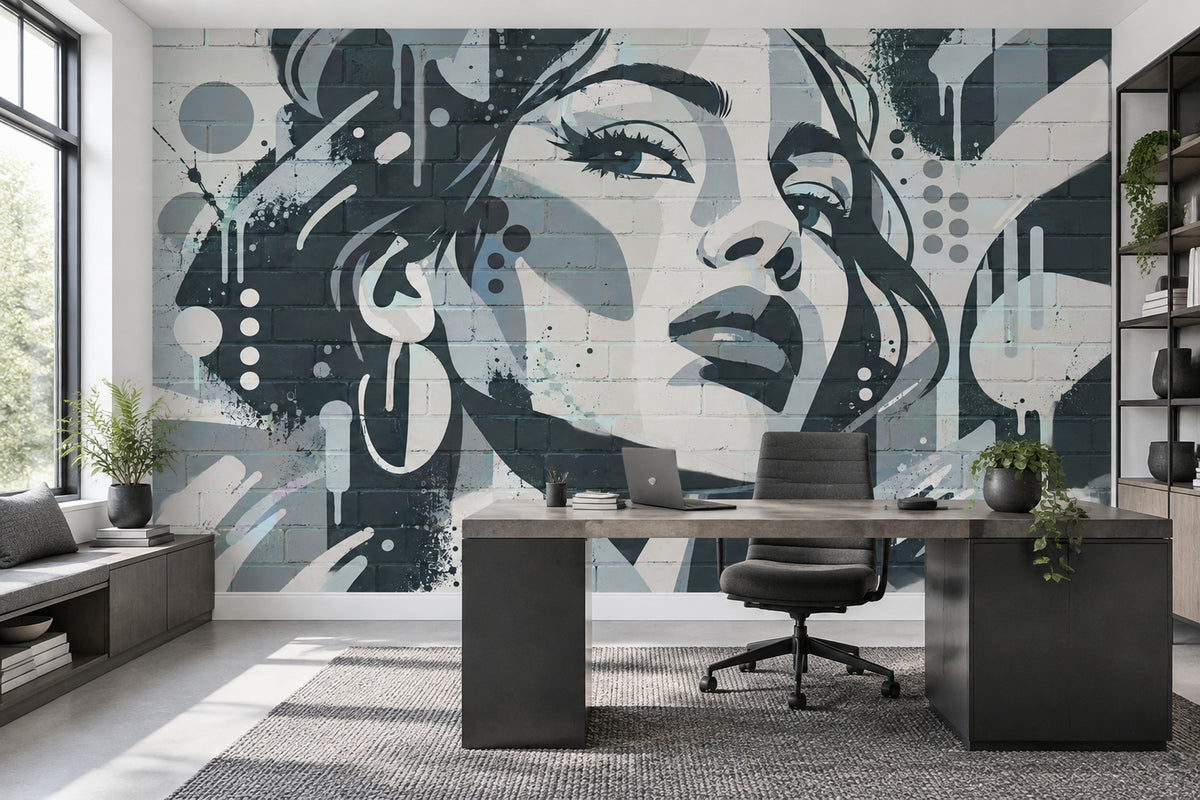 Graffiti Kadın Portre Poster Duvar Kağıdı Gri Modern Salon