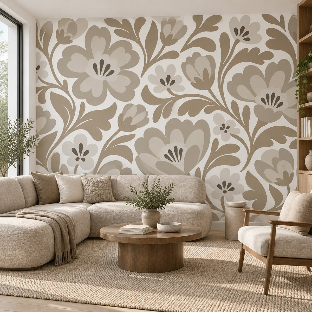 Bej Büyük Çiçek Desenli Poster Duvar Kağıdı Salon