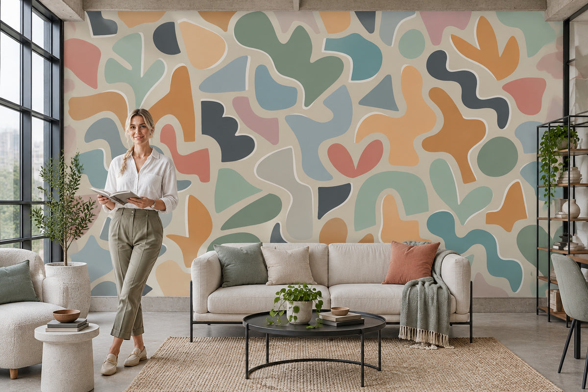 Pastel Soyut Şekilli Poster Duvar Kağıdı Renkli Salon Duvarı