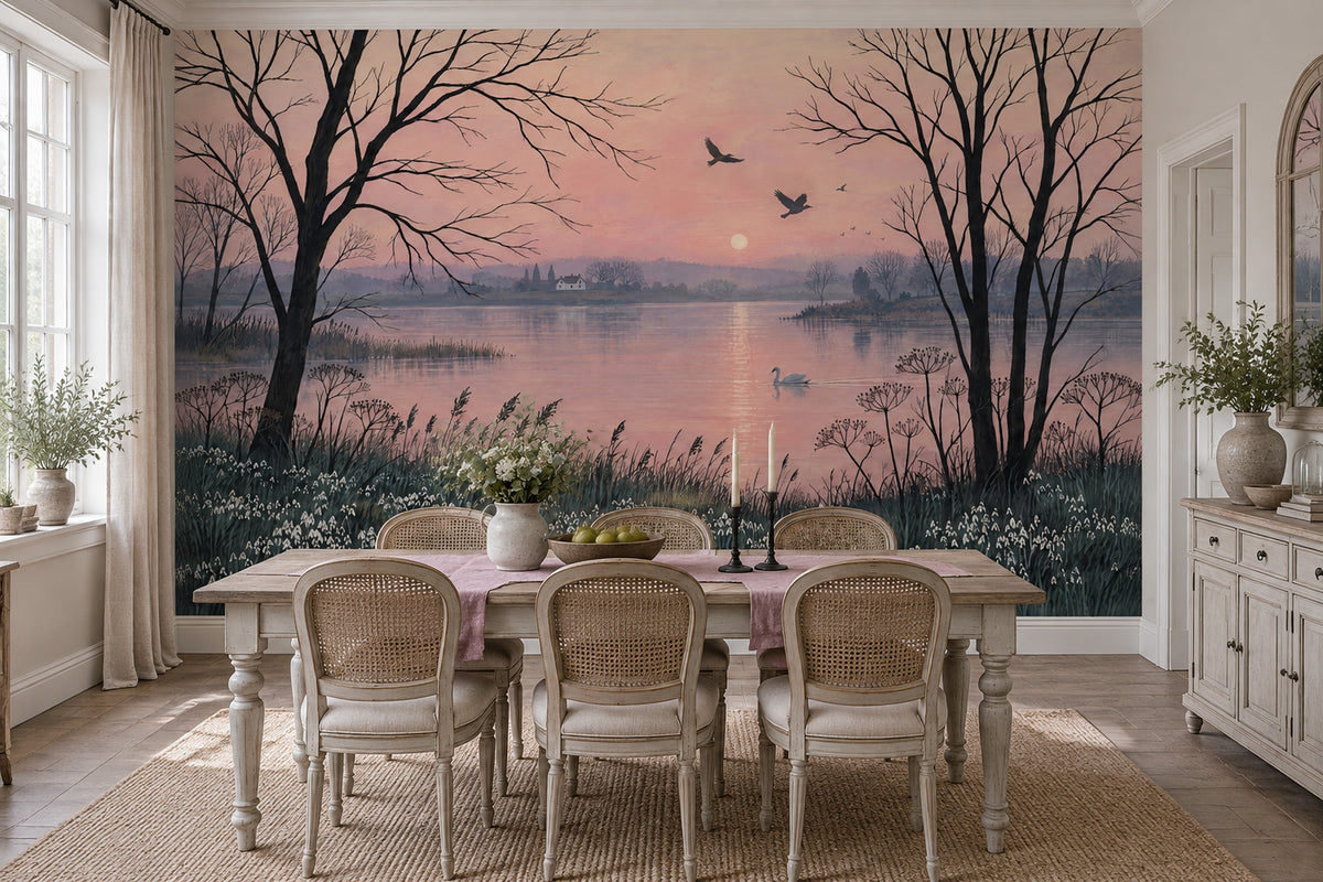 Gün Batımı Göl Manzaralı Poster Duvar Kağıdı Pembe Tonlar