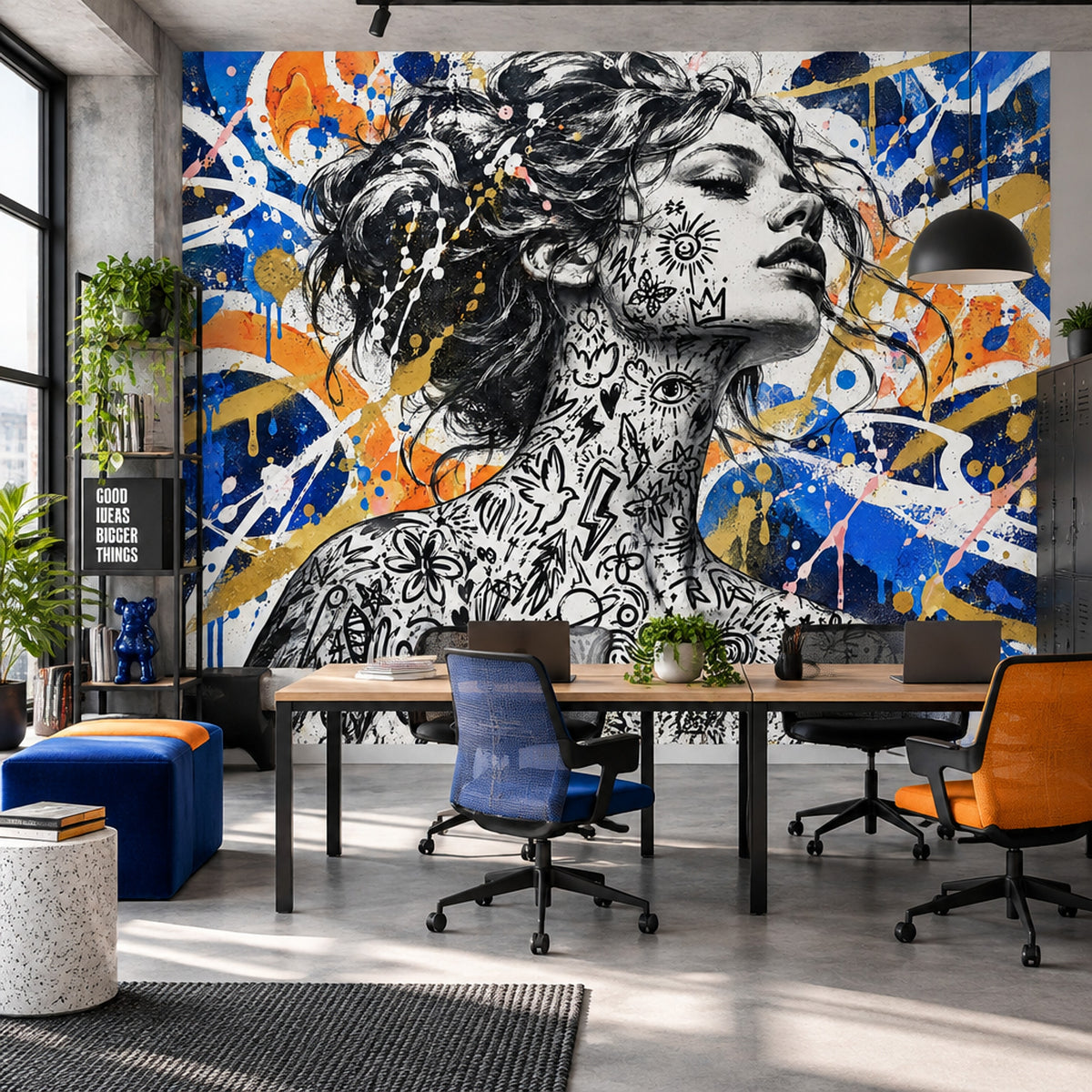 Grafiti Kadın Portre Poster Duvar Kağıdı Mavi Sarı Salon