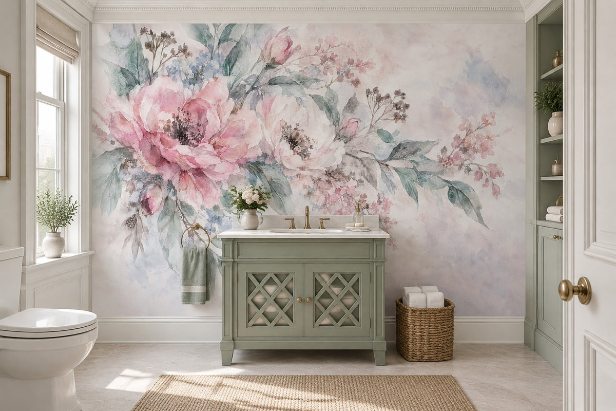 Sulu Boya Pembe Şakayık Poster Duvar Kağıdı Pastel Çiçekli