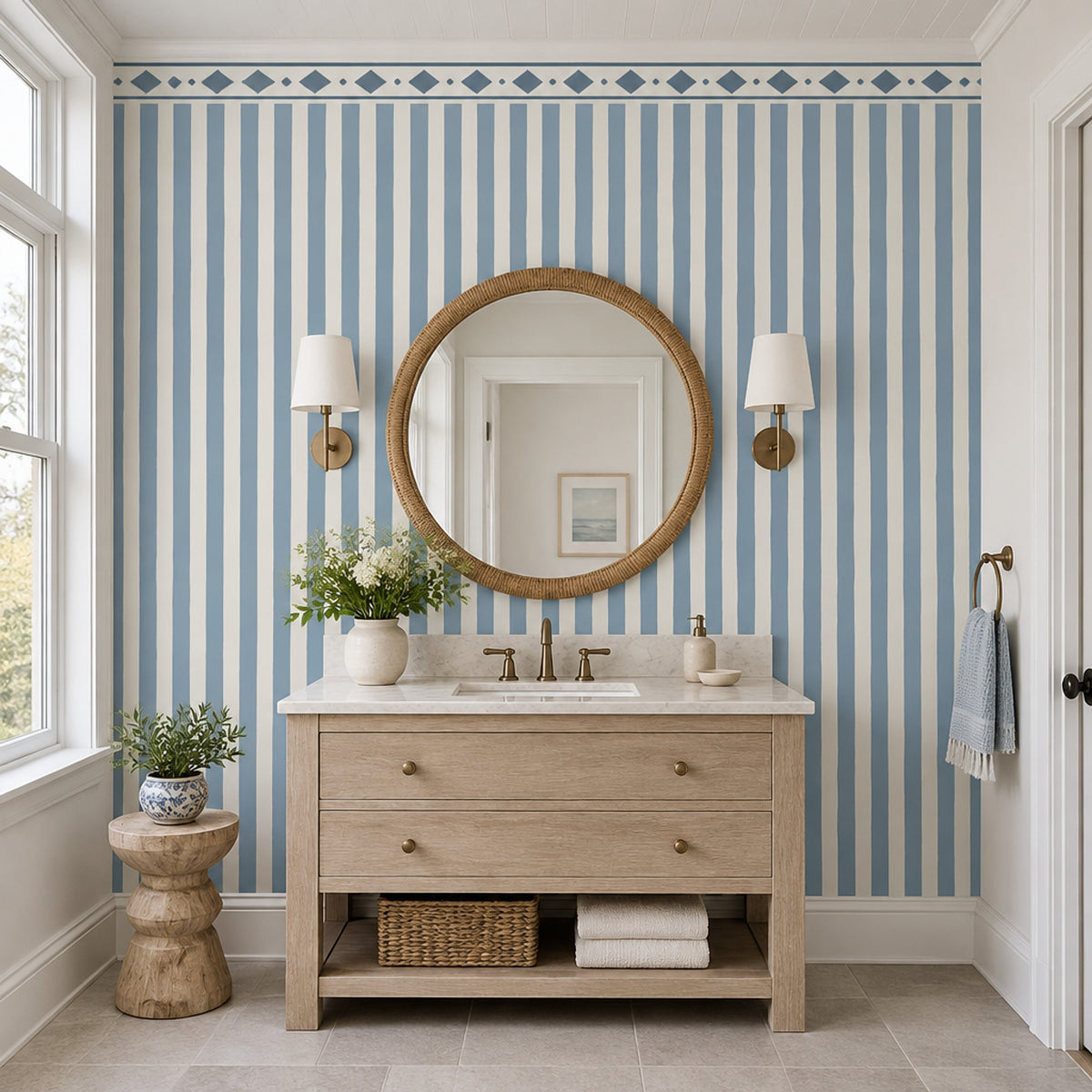 Mavi Beyaz Dikey Çizgili Poster Duvar Kağıdı Banyo Deseni