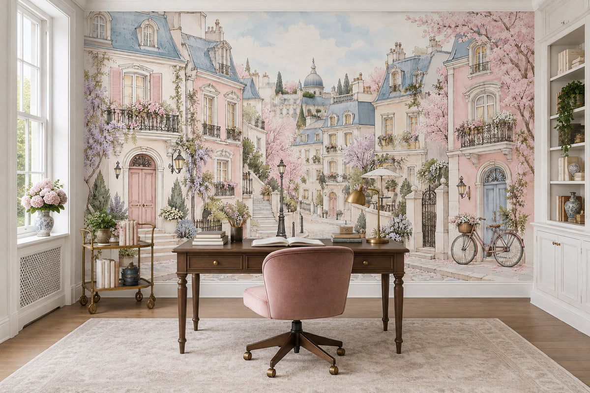 Paris Sokak Manzaralı Poster Duvar Kağıdı Pastel Pembe Mavi