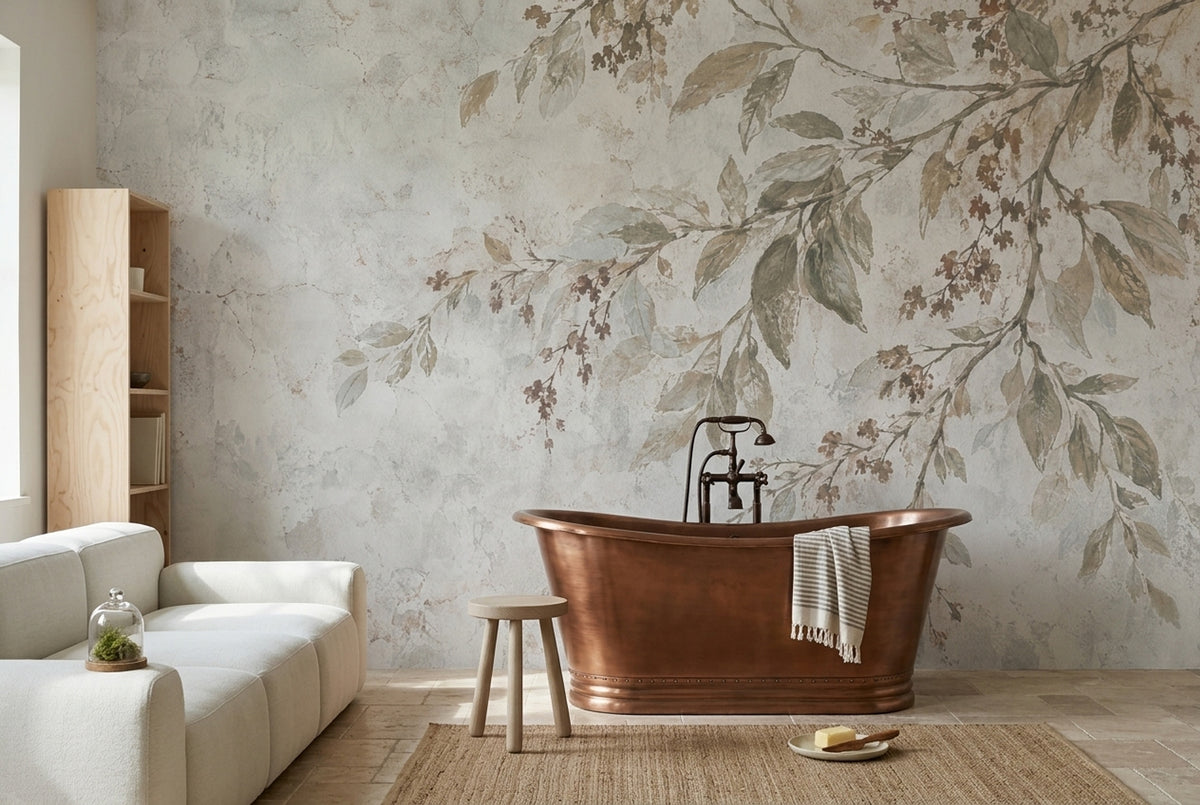 Suluboya Yaprak Desenli Poster Duvar Kağıdı Bej Yatak Odası