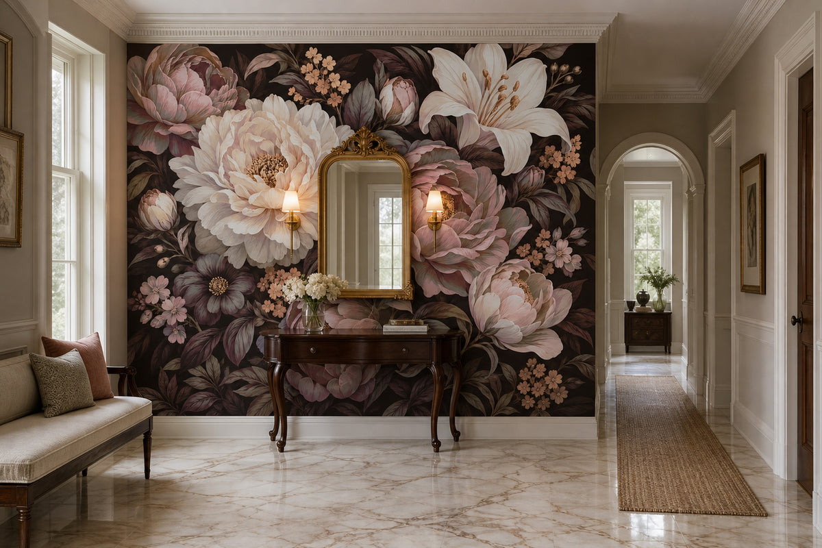 Büyük Çiçek Desenli Poster Duvar Kağıdı Pudra Pembe Salon