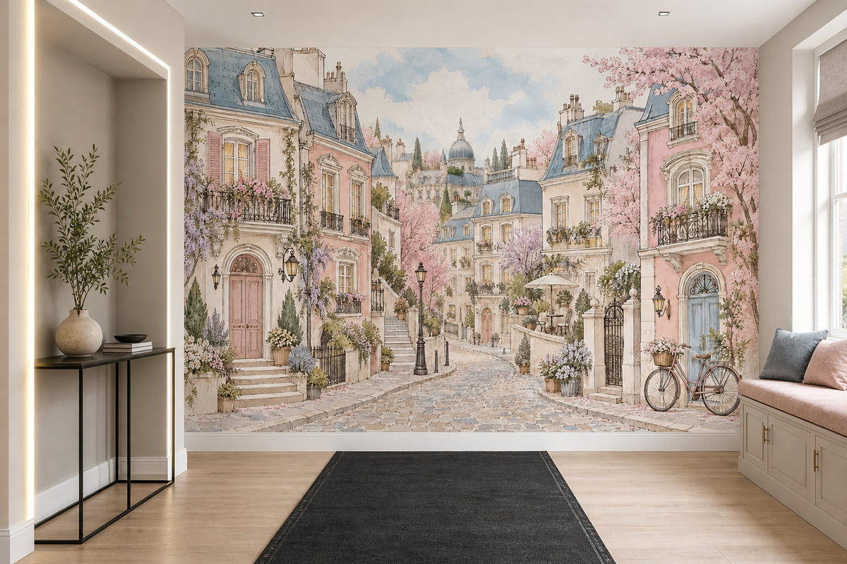 Paris Sokak Manzaralı Poster Duvar Kağıdı Pastel Pembe Mavi