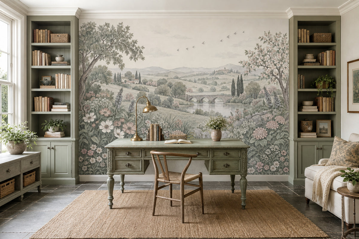 Pastel Kırsal Manzara Poster Duvar Kağıdı Çiçekli Salon