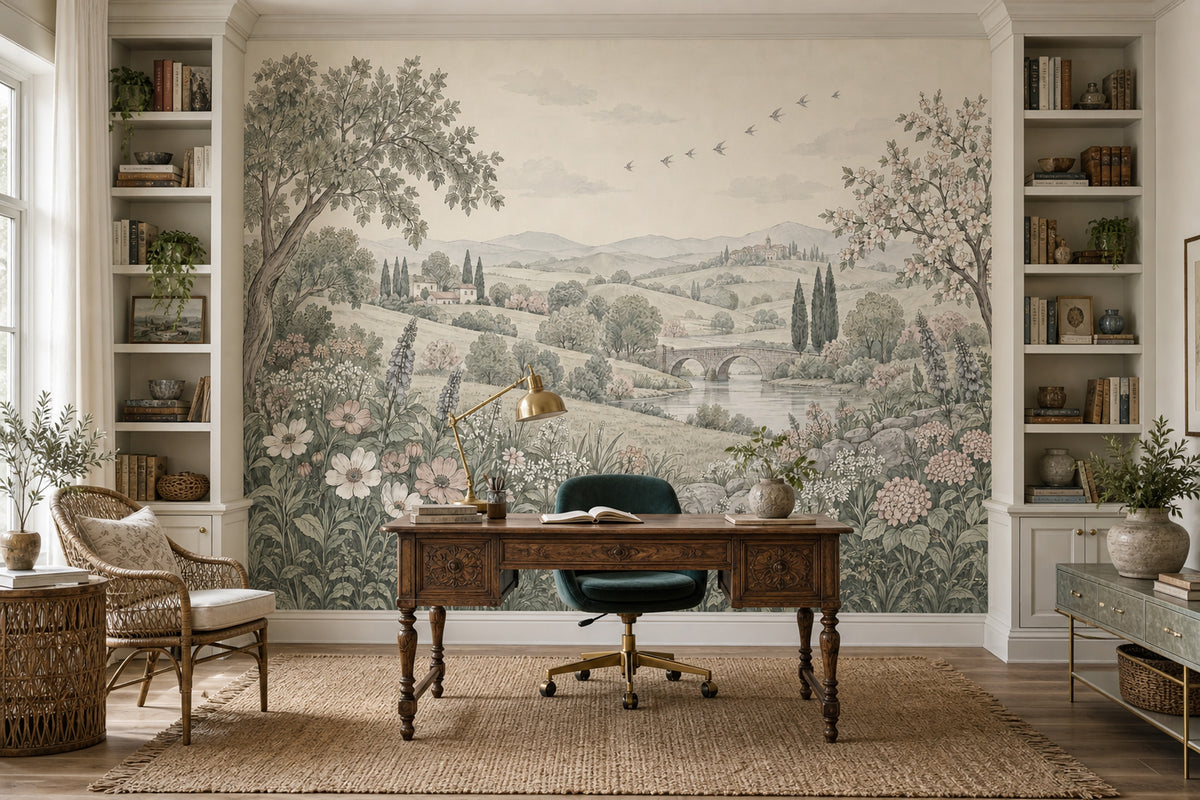 Pastel Kırsal Manzara Poster Duvar Kağıdı Çiçekli Salon
