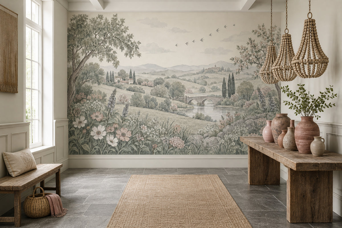 Pastel Kırsal Manzara Poster Duvar Kağıdı Çiçekli Salon