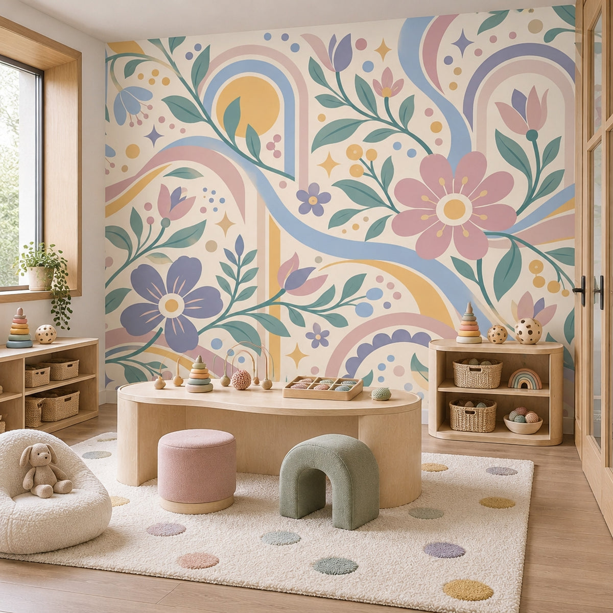 Pastel Çiçekli Poster Duvar Kağıdı Gökkuşağı Desenli Çocuk Odası