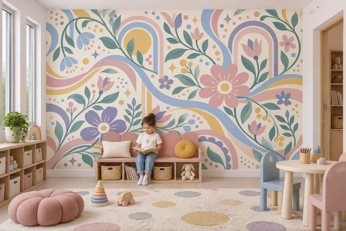 Pastel Çiçekli Poster Duvar Kağıdı Gökkuşağı Desenli Çocuk Odası