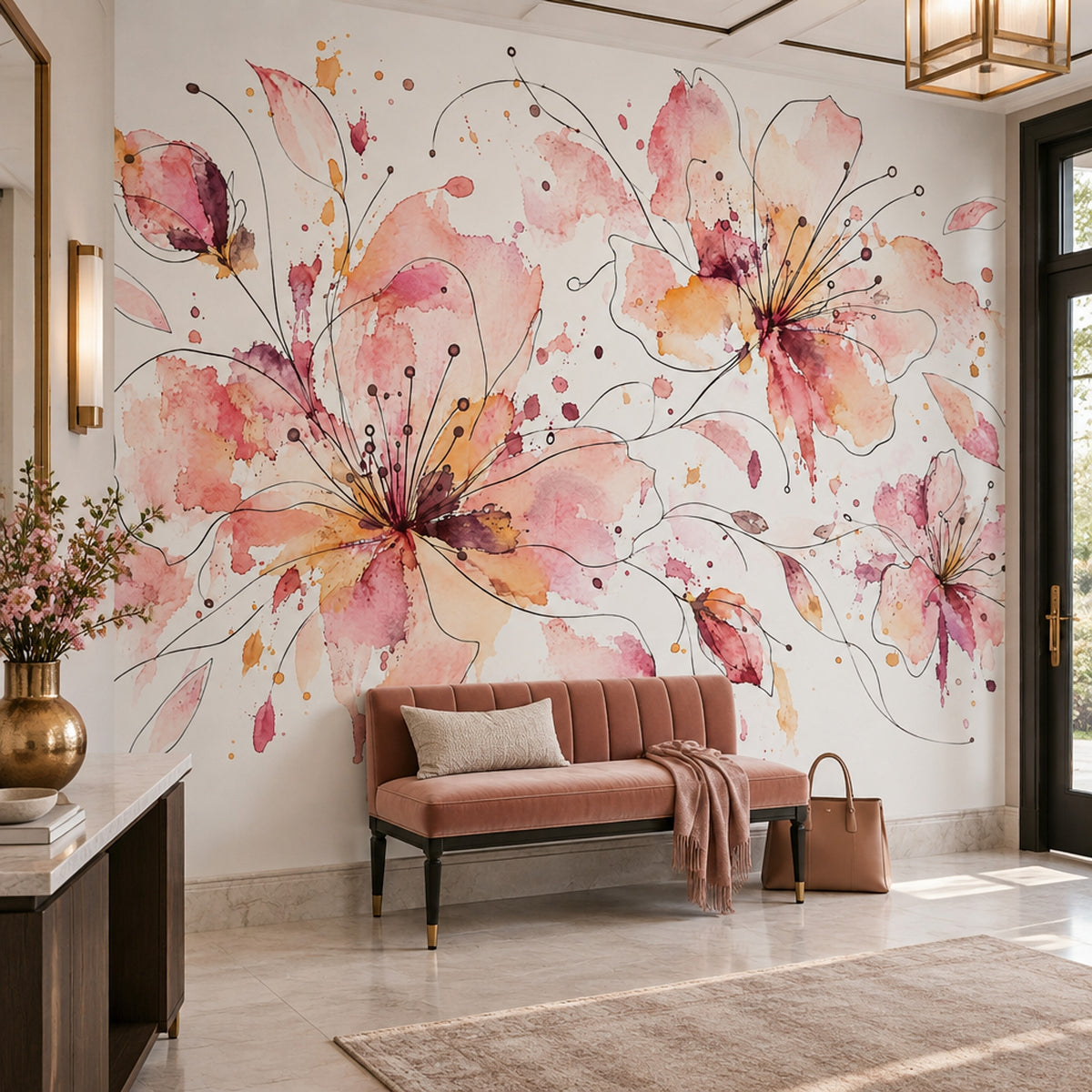 Sulu Boya Çiçekli Poster Duvar Kağıdı Pembe Salon Duvarı