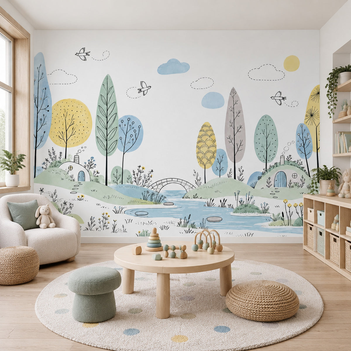Çocuk Orman Manzarası Poster Duvar Kağıdı Pastel Mavi Yeşil
