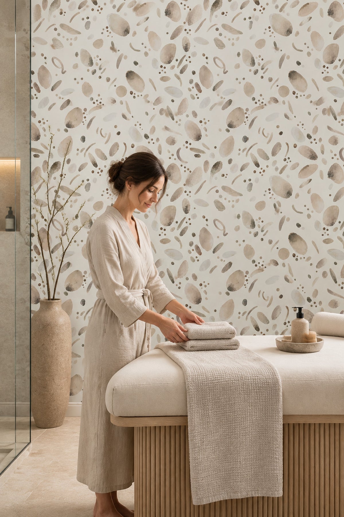 Soyut Benekli Duvar Kağıdı Bej Minimal Salon Duvar Dekoru