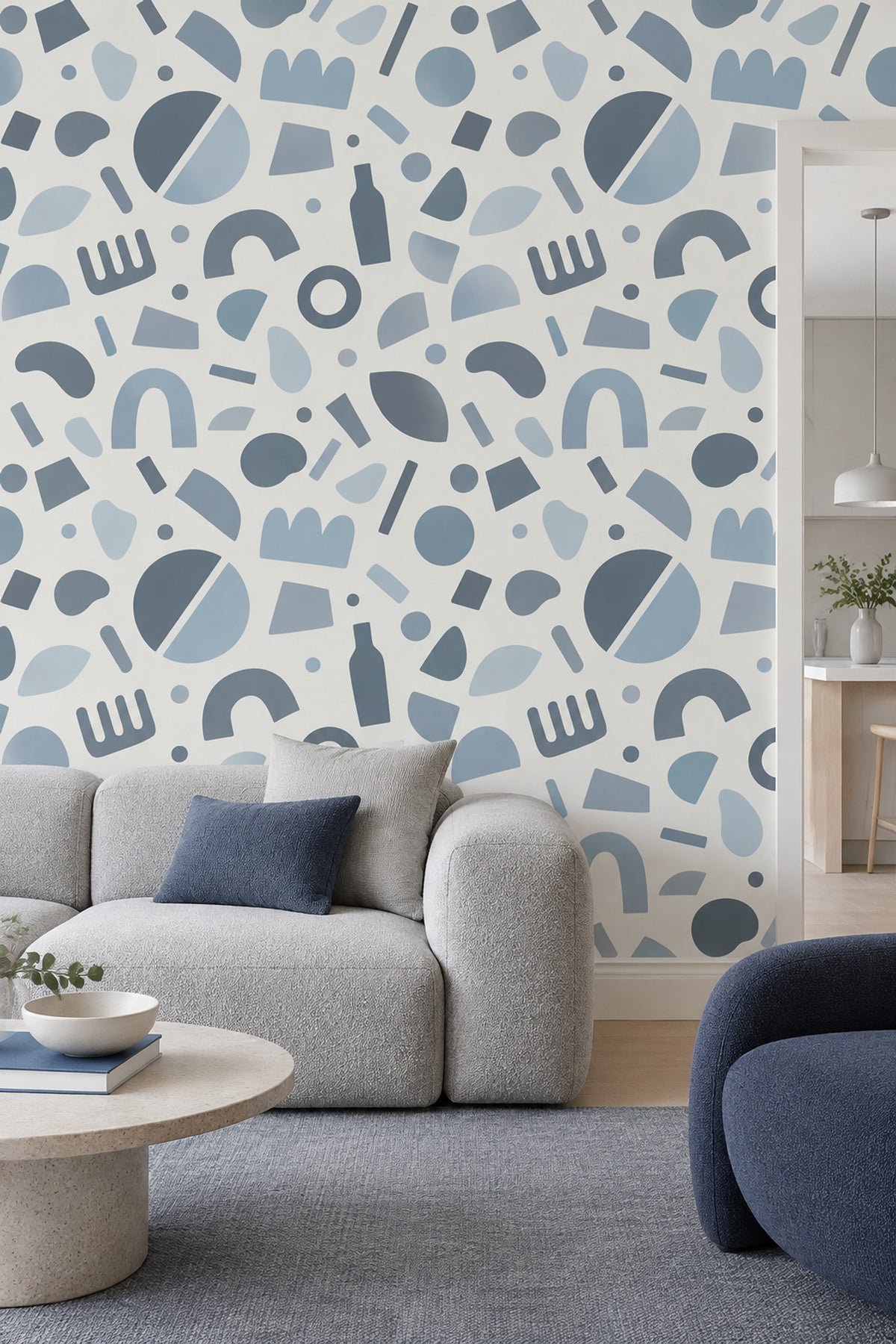 Soyut Geometrik Duvar Kağıdı Mavi Gri Desenli Modern