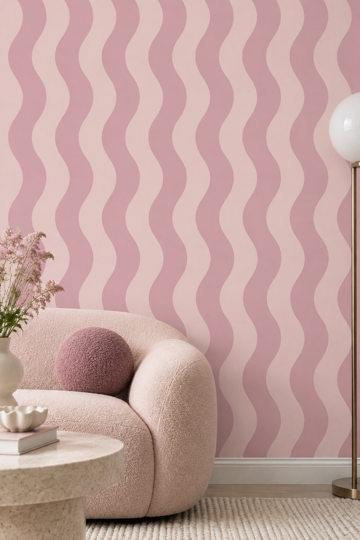 Pembe Dalgalı Çizgili Duvar Kağıdı Modern Salon Dekoru