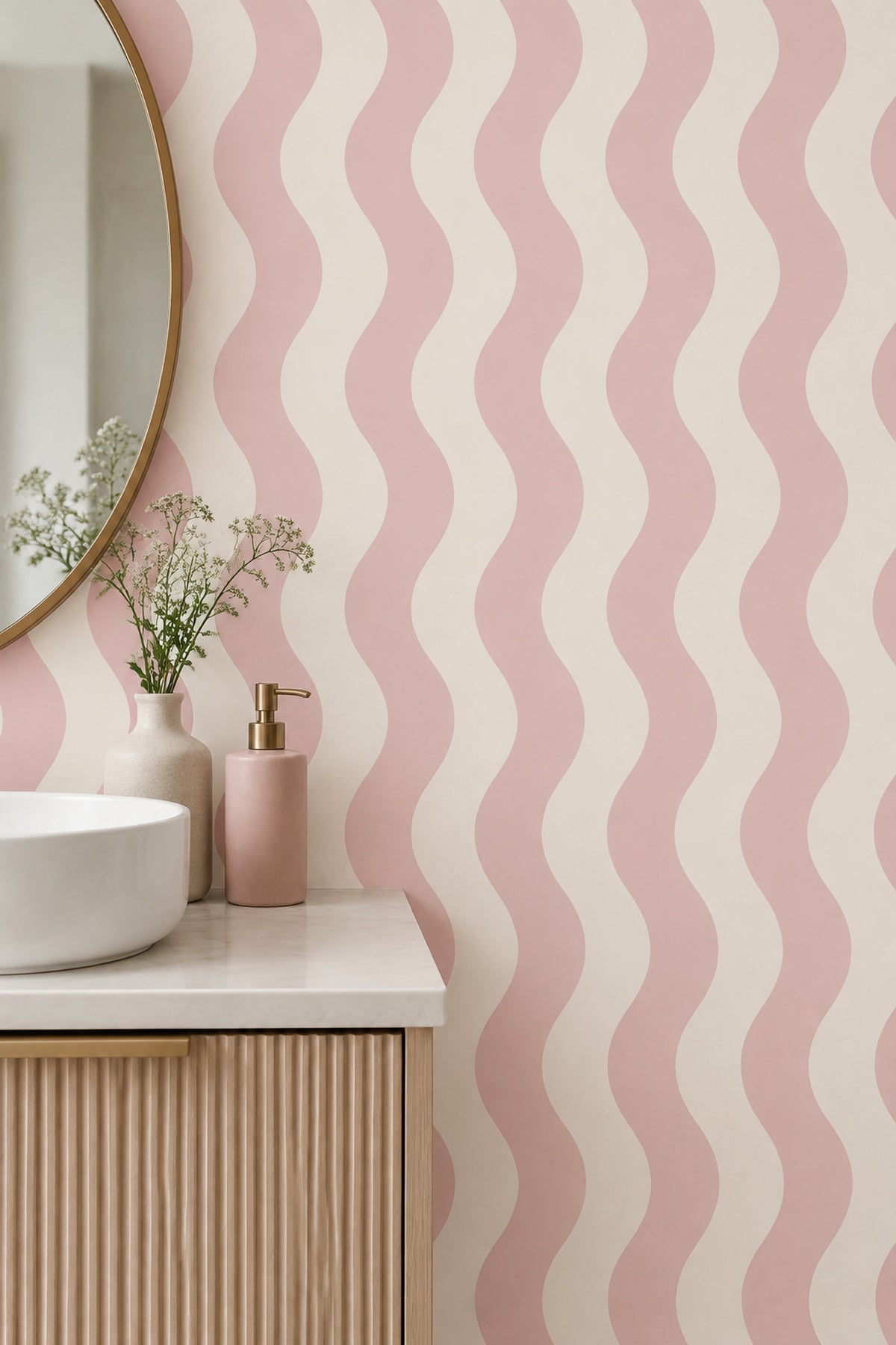 Pembe Krem Dalgalı Çizgili Duvar Kağıdı Modern Salon