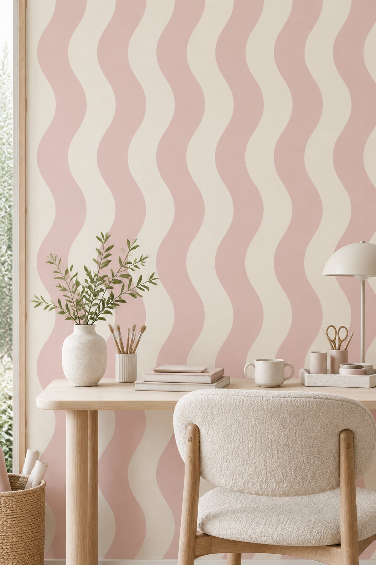 Pembe Krem Dalgalı Çizgili Duvar Kağıdı Modern Salon