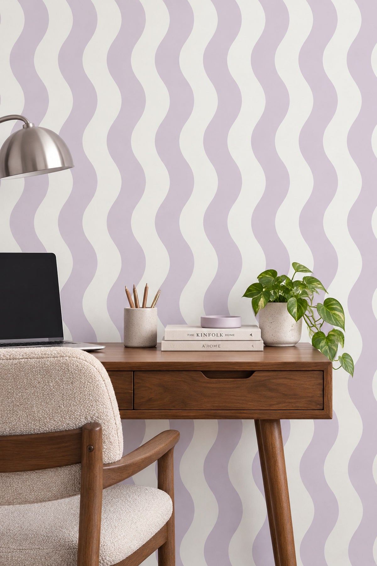 Lila Dalgalı Çizgili Duvar Kağıdı Modern Geometrik Desen