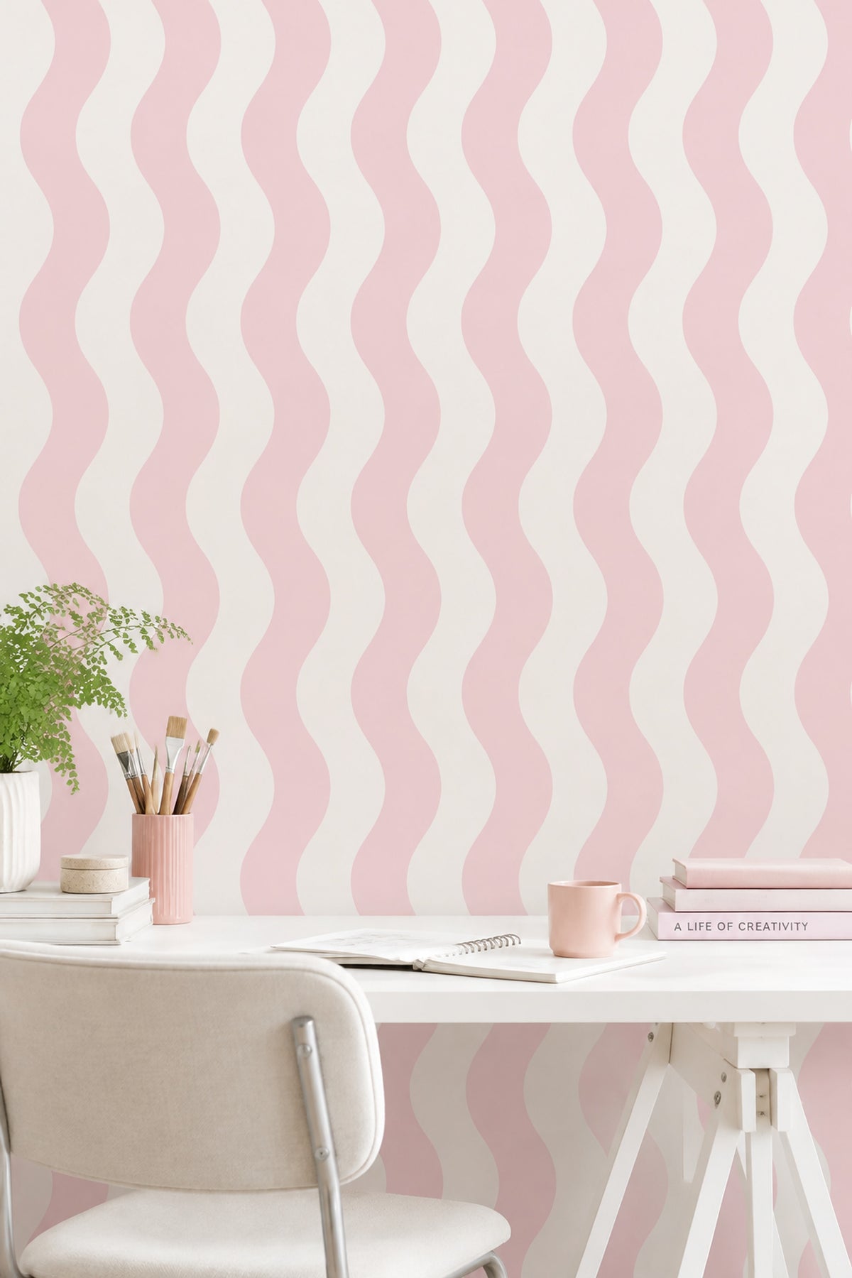Pembe Dalgalı Çizgili Duvar Kağıdı Modern Minimal Desen