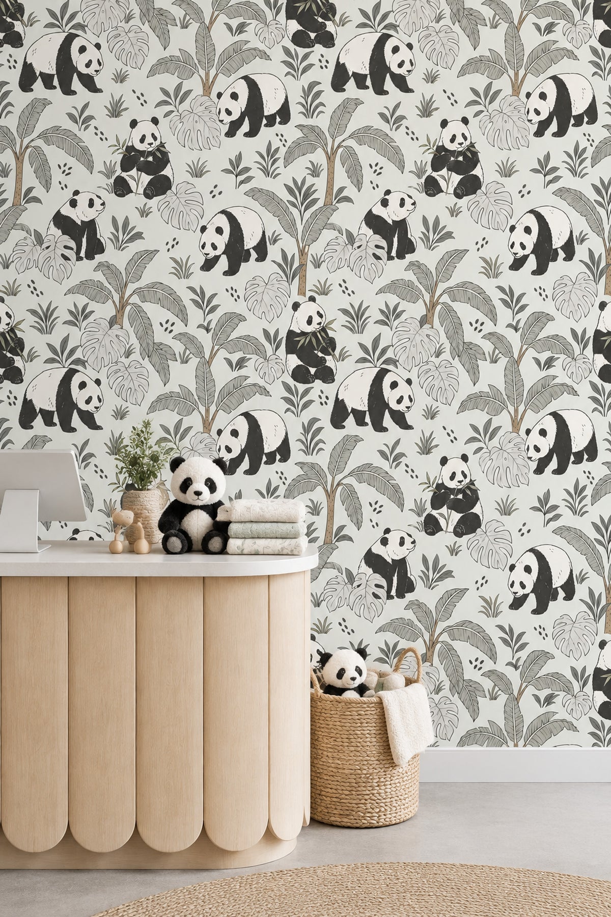 Panda Desenli Duvar Kağıdı Tropikal Yapraklı Çocuk Odası