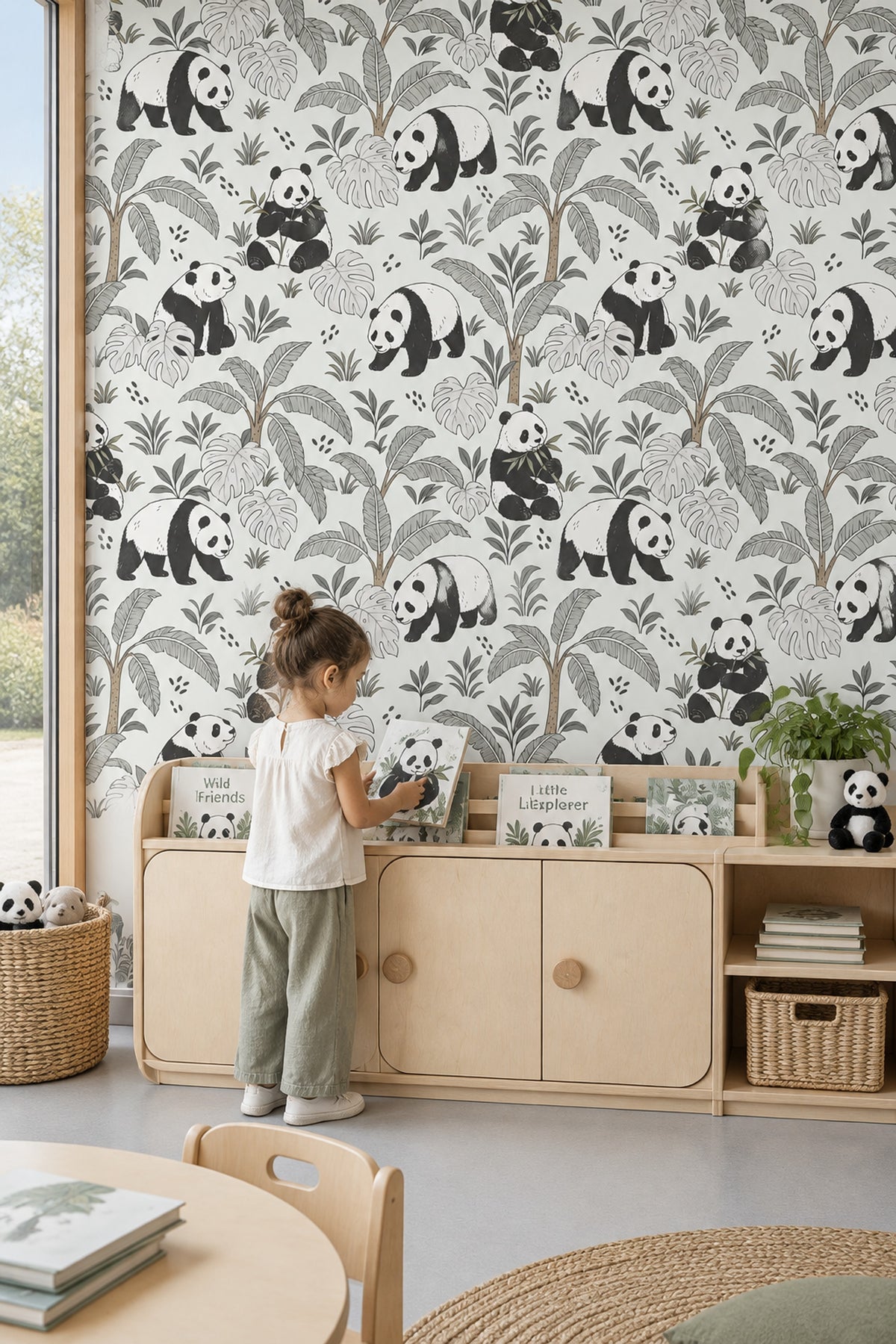 Panda Desenli Duvar Kağıdı Tropikal Yapraklı Çocuk Odası