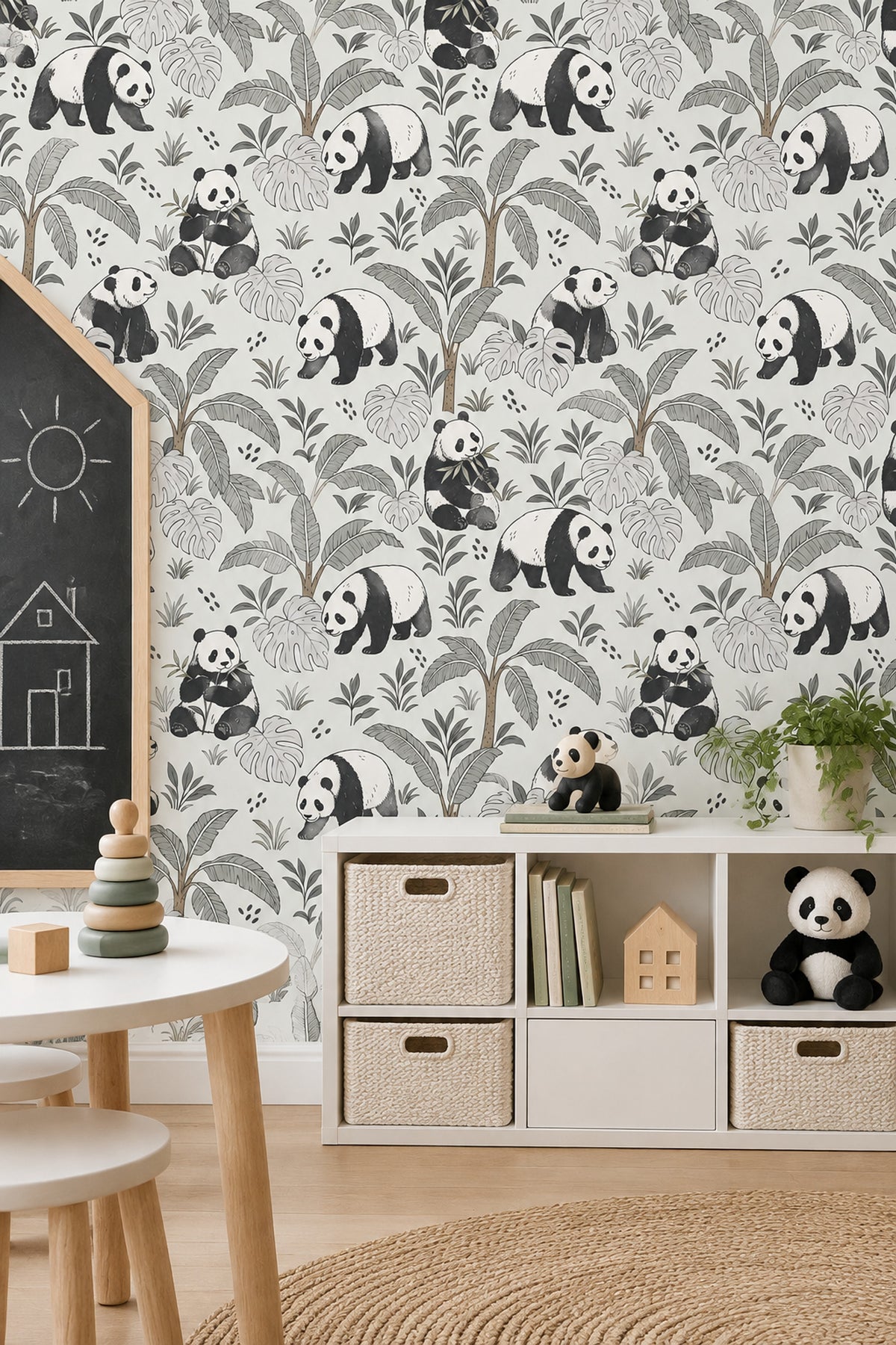 Panda Desenli Duvar Kağıdı Tropikal Yapraklı Çocuk Odası