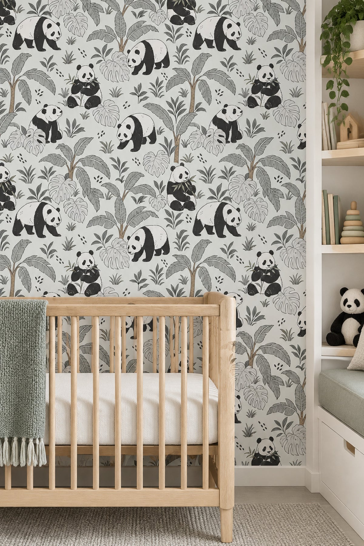 Panda Desenli Duvar Kağıdı Tropikal Yapraklı Çocuk Odası