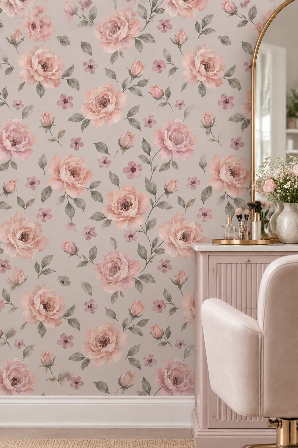 Pudra Pembe Güllü Duvar Kağıdı Romantik Çiçek Desenli