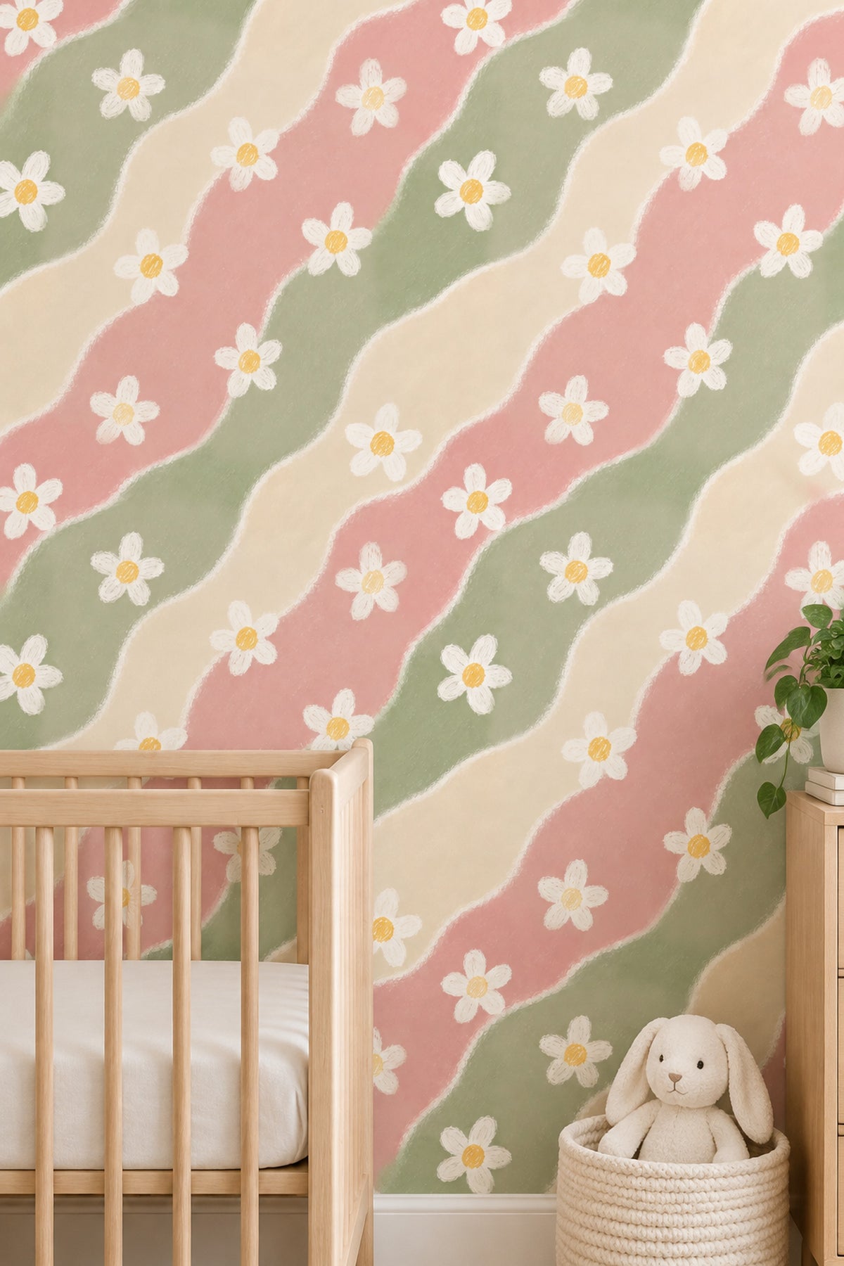 Papatya Desenli Duvar Kağıdı Pastel Dalgalı Çocuk Odası